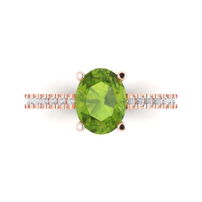 2.21 cttw Natural Peridot Solitaire with Zirconia Simulated Diamond Accents Engagement Ring - Solid Rose Gold (VVS1, Oval Cut,9X7mm)