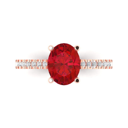 2.21 cttw Simulated Ruby Solitaire with Zirconia Simulated Diamond Accents Engagement Ring - Solid Rose Gold (VVS1, Oval Cut,9X7mm)
