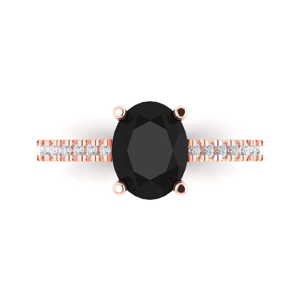 2.21 cttw Natural Onyx Solitaire with Zirconia Simulated Diamond Accents Engagement Ring - Solid Gold (Oval Cut,9X7mm)