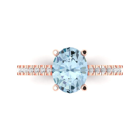 2.21 cttw Natural Aquamarine Solitaire with Zirconia Simulated Diamond Accents Engagement Ring - Solid Rose Gold (VVS1, Oval Cut,9X7mm)