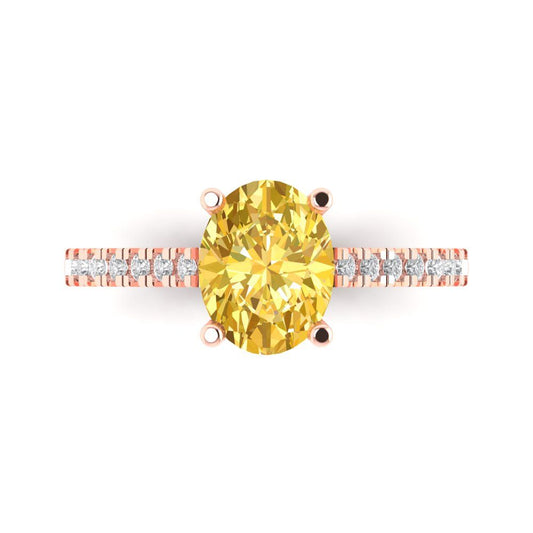 2.21 cttw Zirconia Simulated Yellow Diamond Solitaire with Zirconia Simulated Diamond Accents Engagement Ring - Solid Rose Gold (VVS1, Oval Cut,9X7mm)