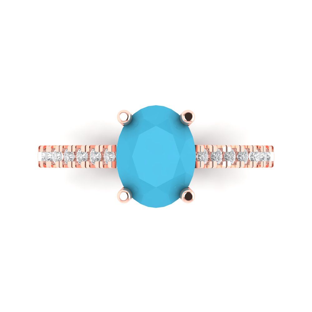 2.21 cttw Simulated Turquoise Solitaire with Zirconia Simulated Diamond Accents Engagement Ring - Solid Gold (Oval Cut,9X7mm)
