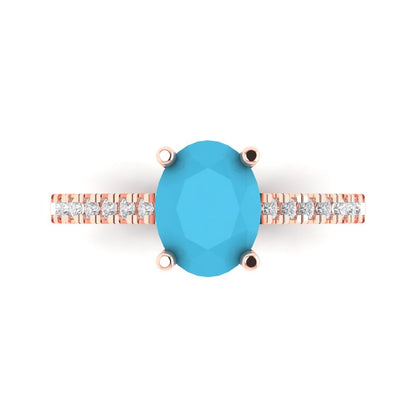 2.21 cttw Simulated Turquoise Solitaire with Zirconia Simulated Diamond Accents Engagement Ring - Solid Gold (Oval Cut,9X7mm)