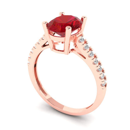 2.21 cttw Simulated Ruby Solitaire with Zirconia Simulated Diamond Accents Engagement Ring - Solid Rose Gold (VVS1, Oval Cut,9X7mm)
