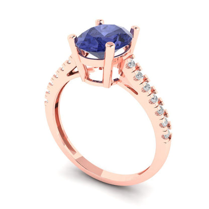 2.21 cttw Simulated Tanzanite Solitaire with Zirconia Simulated Diamond Accents Engagement Ring - Solid Gold (Oval Cut,9X7mm)