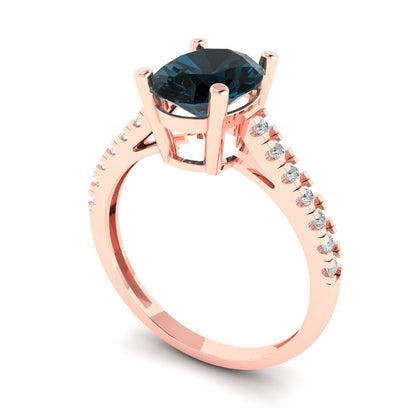 2.21 cttw Natural London Blue Topaz Solitaire with Zirconia Simulated Diamond Accents Engagement Ring - Solid Gold (Oval Cut,9X7mm)