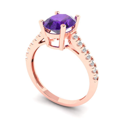 2.21 cttw Natural Amethyst Solitaire with Zirconia Simulated Diamond Accents Engagement Ring - Solid Rose Gold (VVS1, Oval Cut,9X7mm)