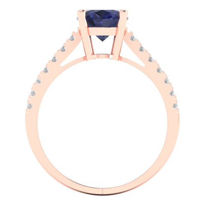 2.21 cttw Simulated Blue Sapphire Solitaire with Zirconia Simulated Diamond Accents Engagement Ring - Solid Gold (Oval Cut,9X7mm)