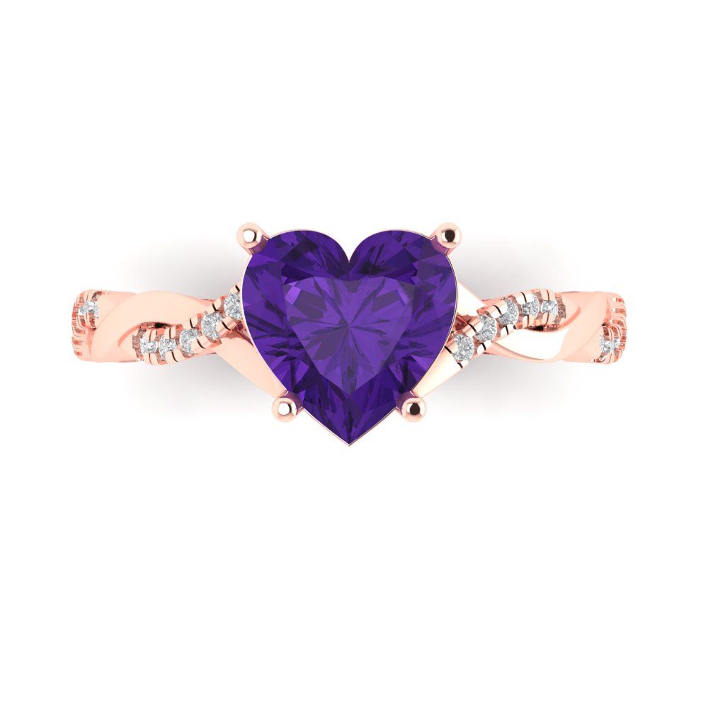2.1 cttw Natural Amethyst Solitaire with Zirconia Simulated Diamond Accents Engagement Ring - Solid Gold (Heart Cut,8mm)