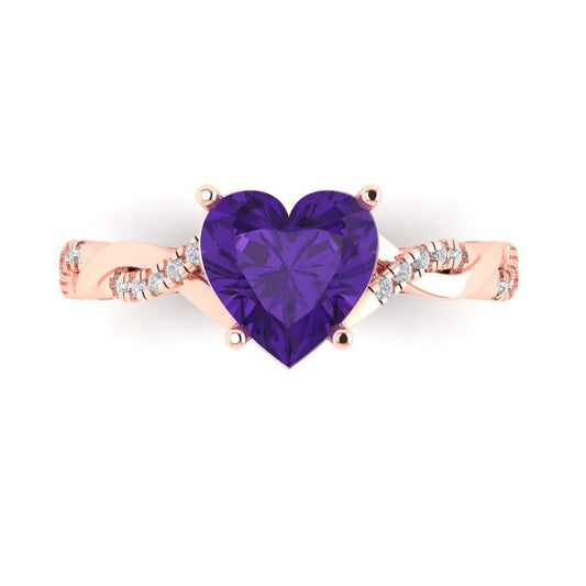 2.1 cttw Natural Amethyst Solitaire with Zirconia Simulated Diamond Accents Engagement Ring - Solid Rose Gold (VVS1, Heart Cut,8mm)