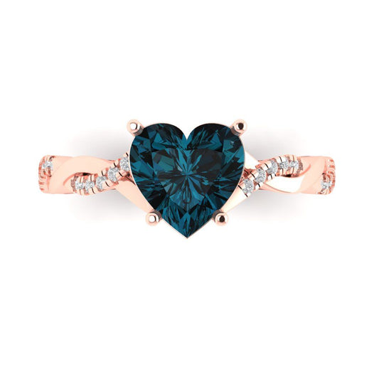 2.1 cttw Natural London Blue Topaz Solitaire with Zirconia Simulated Diamond Accents Engagement Ring - Solid Rose Gold (VVS1, Heart Cut,8mm)