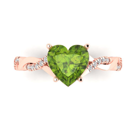 2.1 cttw Natural Peridot Solitaire with Zirconia Simulated Diamond Accents Engagement Ring - Solid Rose Gold (VVS1, Heart Cut,8mm)