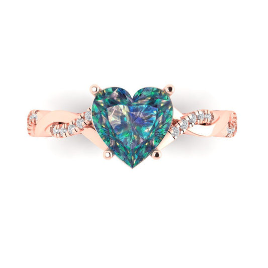 2.1 cttw Blue Moissanite Solitaire with Zirconia Simulated Diamond Accents Engagement Ring - Solid Rose Gold (VVS1, Heart Cut,8mm)