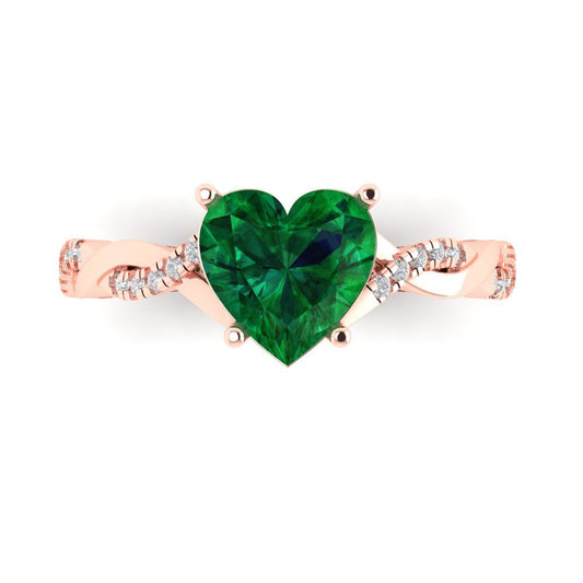 2.1 cttw Simulated Emerald Solitaire with Zirconia Simulated Diamond Accents Engagement Ring - Solid Rose Gold (VVS1, Heart Cut,8mm)
