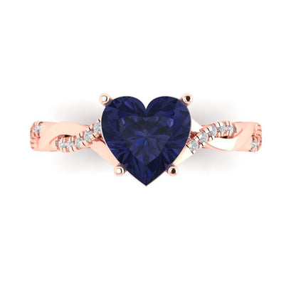2.1 cttw Simulated Blue Sapphire Solitaire with Zirconia Simulated Diamond Accents Engagement Ring - Solid Gold (Heart Cut,8mm)