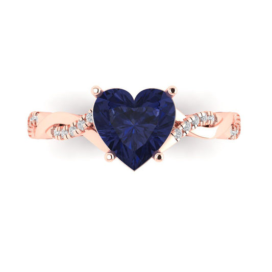 2.1 cttw Simulated Blue Sapphire Solitaire with Zirconia Simulated Diamond Accents Engagement Ring - Solid Rose Gold (VVS1, Heart Cut,8mm)