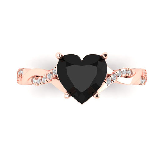 2.1 cttw Natural Onyx Solitaire with Zirconia Simulated Diamond Accents Engagement Ring - Solid Rose Gold (VVS1, Heart Cut,8mm)
