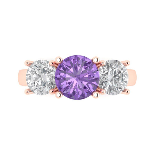 3 cttw Simulated Alexandrite Three-Stone Engagement Ring - Solid Rose Gold (VVS1, Round Cut,7.5mm)