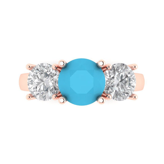3 cttw Simulated Turquoise Three-Stone Engagement Ring - Solid Rose Gold (VVS1, Round Cut,7.5mm)