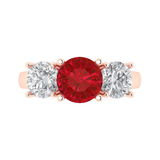 3 cttw Simulated Pink Tourmaline Three-Stone Engagement Ring - Solid Rose Gold (VVS1, Round Cut,7.5mm)