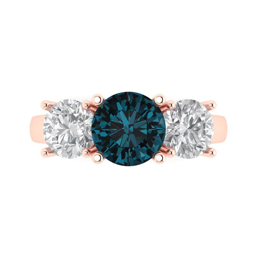 3 cttw Natural London Blue Topaz Three-Stone Engagement Ring - Solid Rose Gold (VVS1, Round Cut,7.5mm)