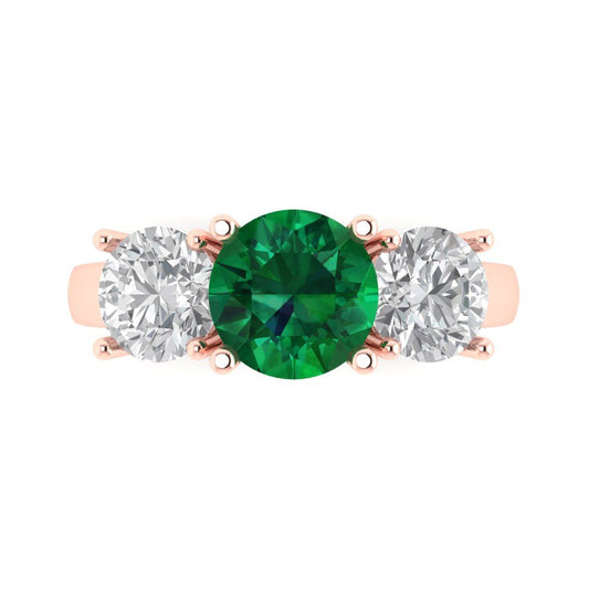 3 cttw Simulated Emerald Three-Stone Engagement Ring - Solid Rose Gold (VVS1, Round Cut,7.5mm)