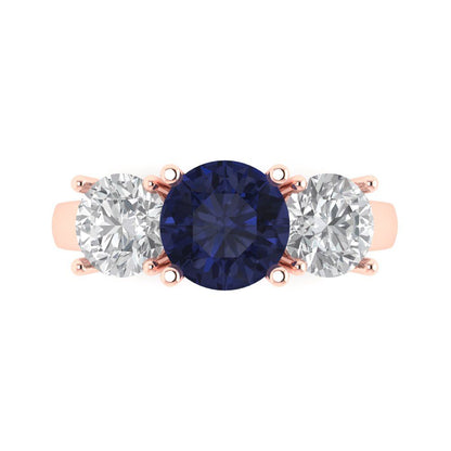 3 cttw Simulated Blue Sapphire Three-Stone Engagement Ring - Solid Gold (Round Cut,7.5mm)