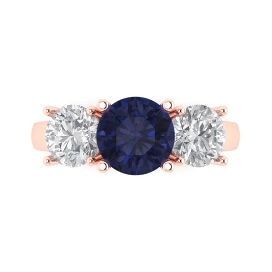 3 cttw Simulated Blue Sapphire Three-Stone Engagement Ring - Solid Rose Gold (VVS1, Round Cut,7.5mm)