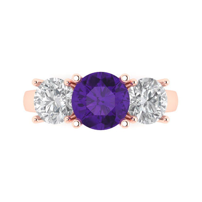 3 cttw Natural Amethyst Three-Stone Engagement Ring - Solid Gold (Round Cut,7.5mm)