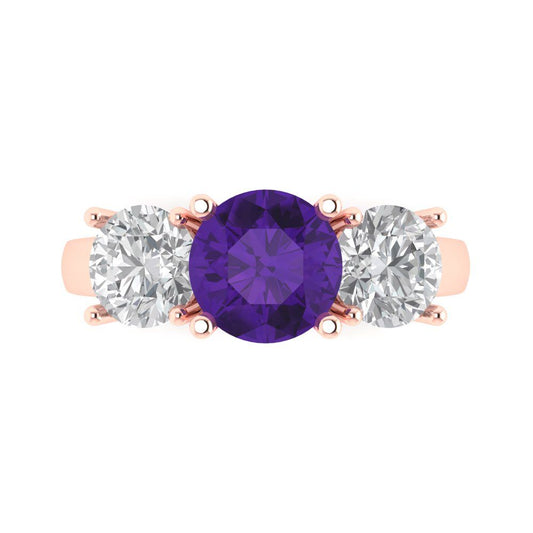 3 cttw Natural Amethyst Three-Stone Engagement Ring - Solid Rose Gold (VVS1, Round Cut,7.5mm)