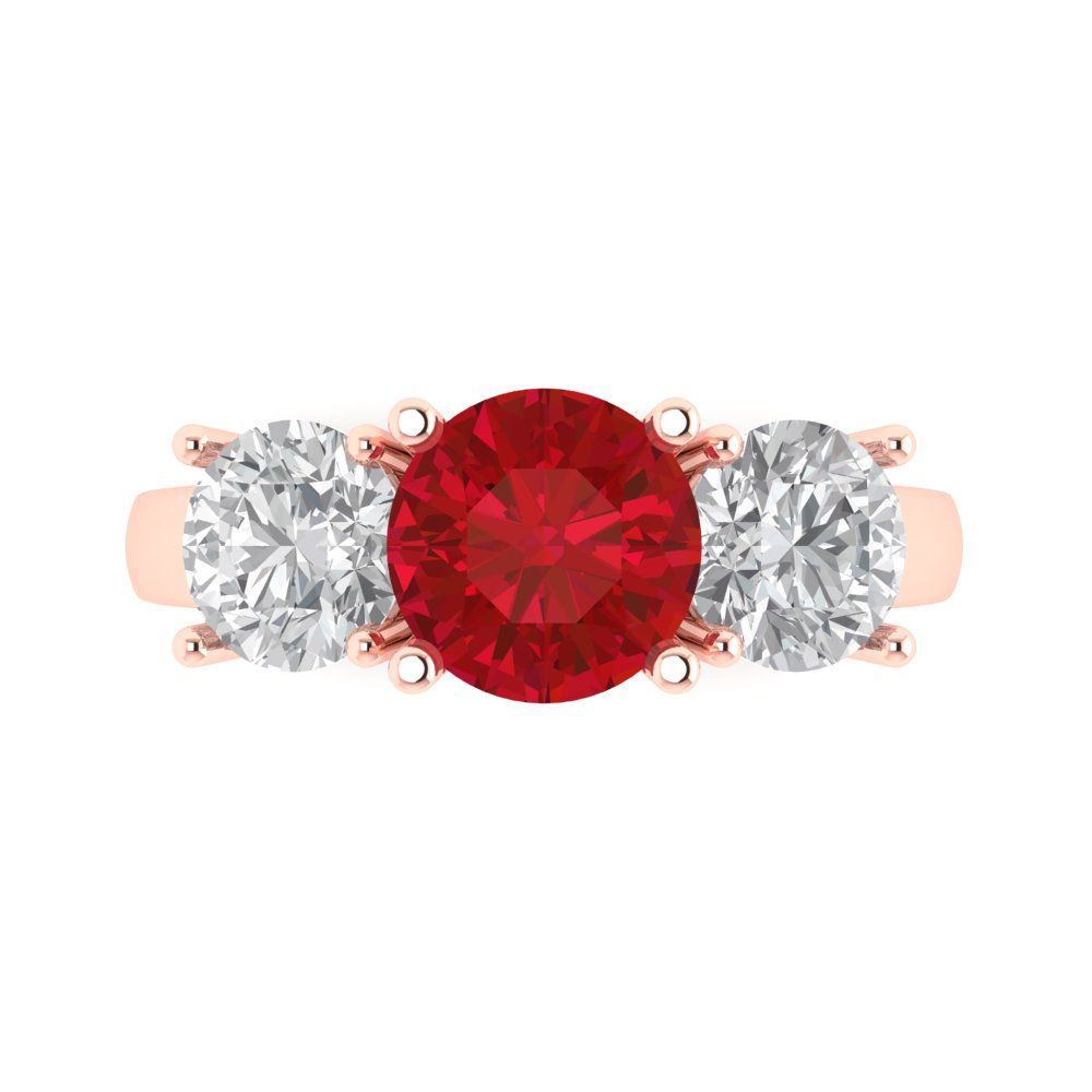 3 cttw Simulated Ruby Three-Stone Engagement Ring - Solid Rose Gold (VVS1, Round Cut,7.5mm)