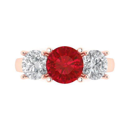3 cttw Simulated Ruby Three-Stone Engagement Ring - Solid Rose Gold (VVS1, Round Cut,7.5mm)