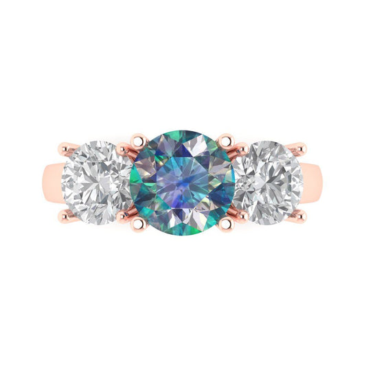 3 cttw Blue Moissanite Three-Stone Engagement Ring - Solid Rose Gold (VVS1, Round Cut,7.5mm)