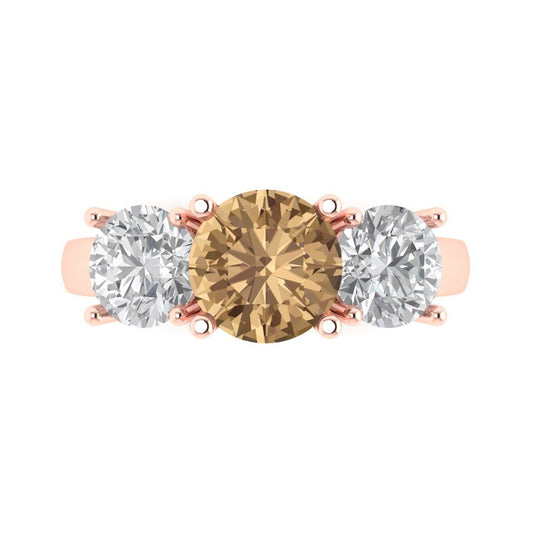 3 cttw Zirconia Simulated Champagne Diamond Three-Stone Engagement Ring - Solid Rose Gold (VVS1, Round Cut,7.5mm)