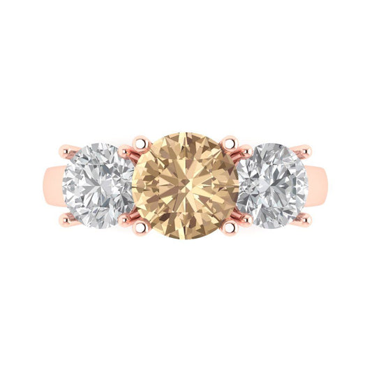 3 cttw Yellow Moissanite Three-Stone Engagement Ring - Solid Rose Gold (VVS1, Round Cut,7.5mm)