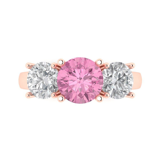 3 cttw Zirconia Simulated Pink Diamond Three-Stone Engagement Ring - Solid Rose Gold (VVS1, Round Cut,7.5mm)