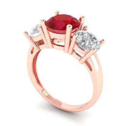 3 cttw Simulated Ruby Three-Stone Engagement Ring - Solid Rose Gold (VVS1, Round Cut,7.5mm)