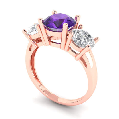 3 cttw Natural Amethyst Three-Stone Engagement Ring - Solid Gold (Round Cut,7.5mm)