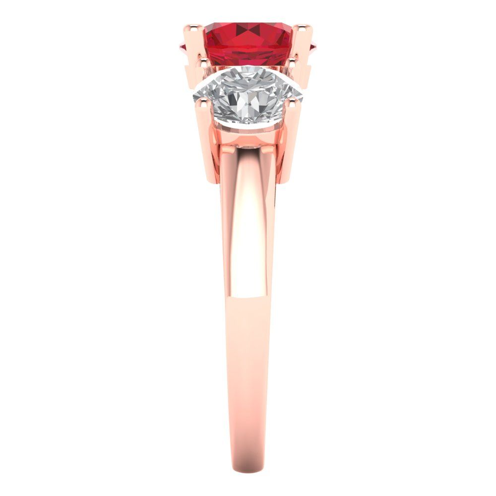 3 cttw Simulated Ruby Three-Stone Engagement Ring - Solid Rose Gold (VVS1, Round Cut,7.5mm)