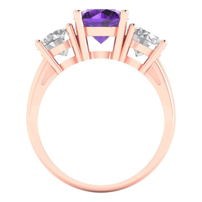 3 cttw Natural Amethyst Three-Stone Engagement Ring - Solid Gold (Round Cut,7.5mm)