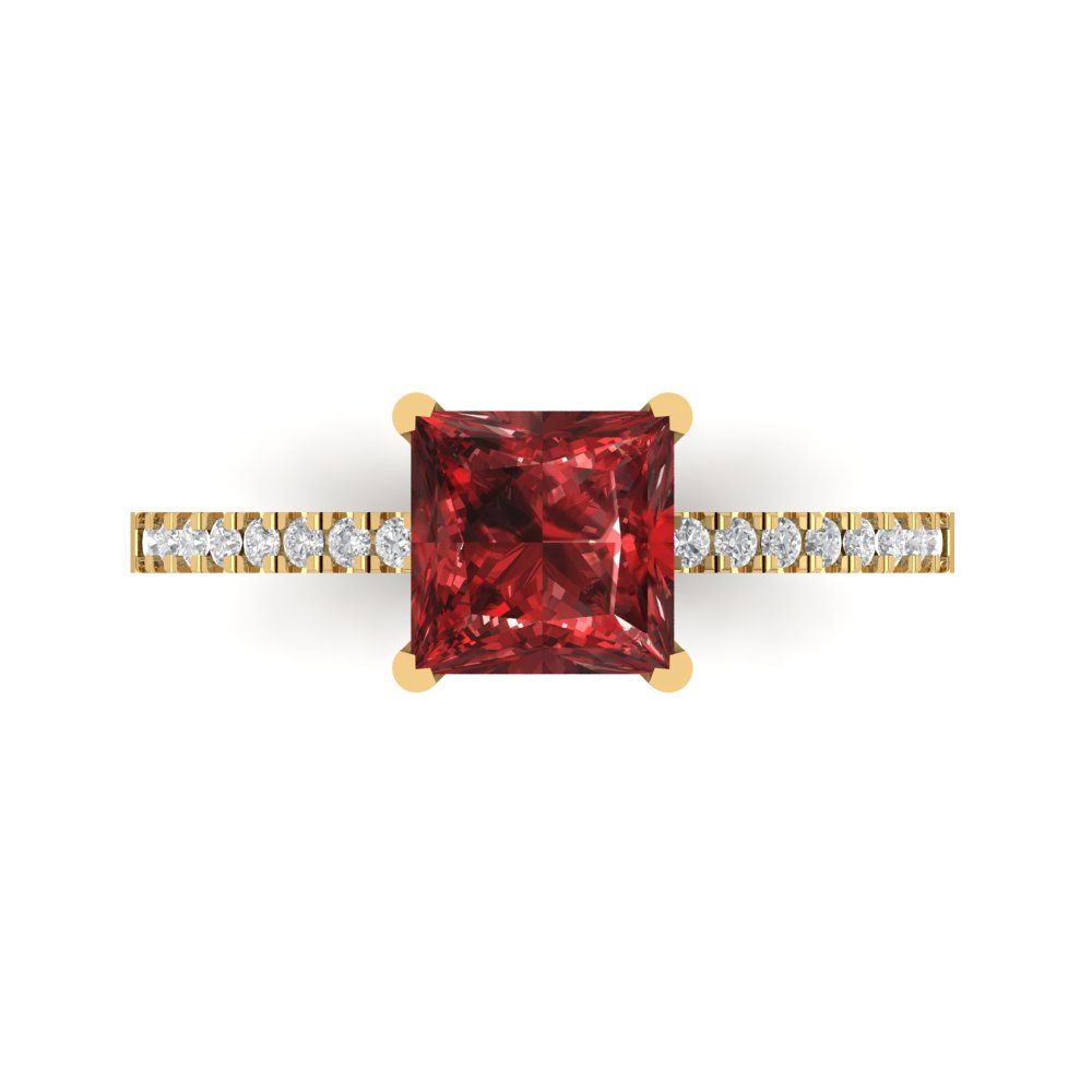 1.62 cttw Natural Garnet Solitaire with Zirconia Simulated Diamond Accents Engagement Ring - Solid Gold (Princess Cut,6.5mm)