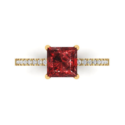 1.62 cttw Natural Garnet Solitaire with Zirconia Simulated Diamond Accents Engagement Ring - Solid Gold (Princess Cut,6.5mm)