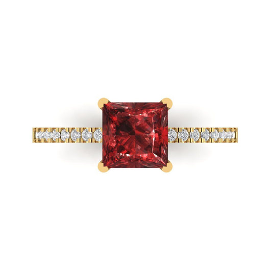 1.62 cttw Natural Garnet Solitaire with Zirconia Simulated Diamond Accents Engagement Ring - Solid Yellow Gold (VVS1, Princess Cut,6.5mm)