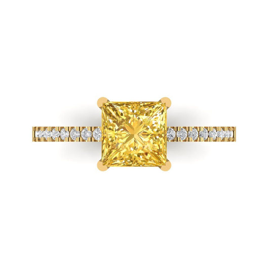 1.62 cttw Zirconia Simulated Yellow Diamond Solitaire with Zirconia Simulated Diamond Accents Engagement Ring - Solid Yellow Gold (VVS1, Princess Cut,6.5mm)
