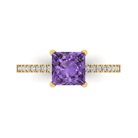 1.62 cttw Simulated Alexandrite Solitaire with Zirconia Simulated Diamond Accents Engagement Ring - Solid Yellow Gold (VVS1, Princess Cut,6.5mm)