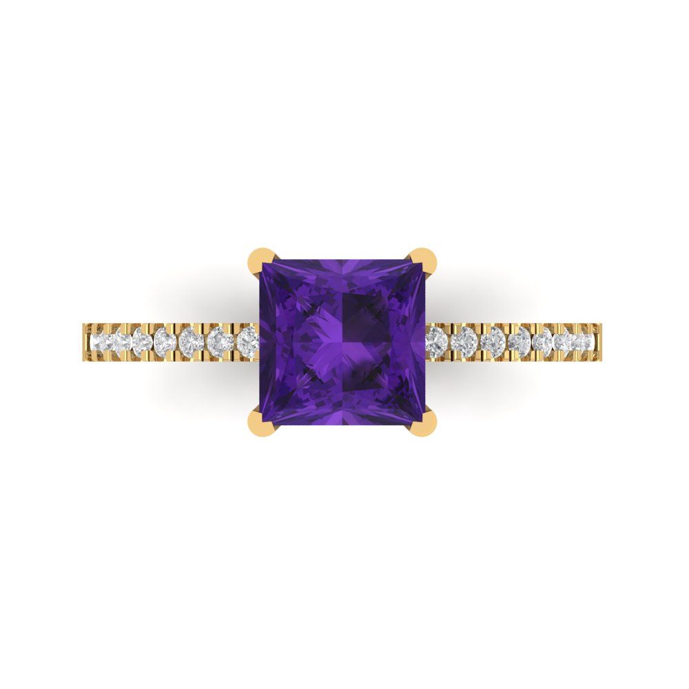 1.62 cttw Natural Amethyst Solitaire with Zirconia Simulated Diamond Accents Engagement Ring - Solid Gold (Princess Cut,6.5mm)