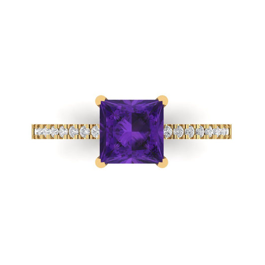 1.62 cttw Natural Amethyst Solitaire with Zirconia Simulated Diamond Accents Engagement Ring - Solid Yellow Gold (VVS1, Princess Cut,6.5mm)