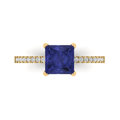 1.62 cttw Simulated Tanzanite Solitaire with Zirconia Simulated Diamond Accents Engagement Ring - Solid Gold (Princess Cut,6.5mm)