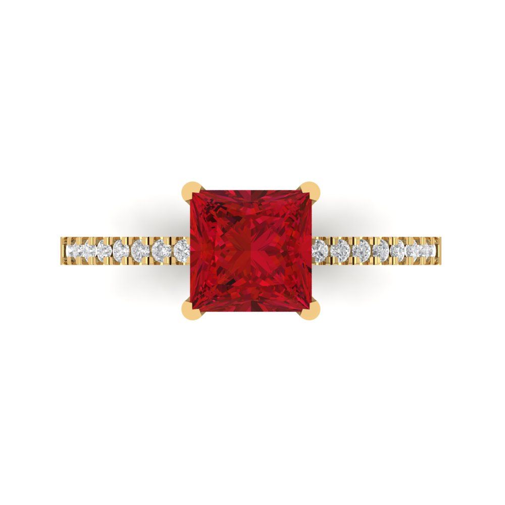 1.62 cttw Simulated Ruby Solitaire with Zirconia Simulated Diamond Accents Engagement Ring - Solid Yellow Gold (VVS1, Princess Cut,6.5mm)