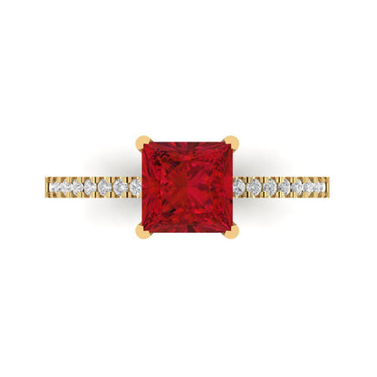 1.62 cttw Simulated Ruby Solitaire with Zirconia Simulated Diamond Accents Engagement Ring - Solid Yellow Gold (VVS1, Princess Cut,6.5mm)